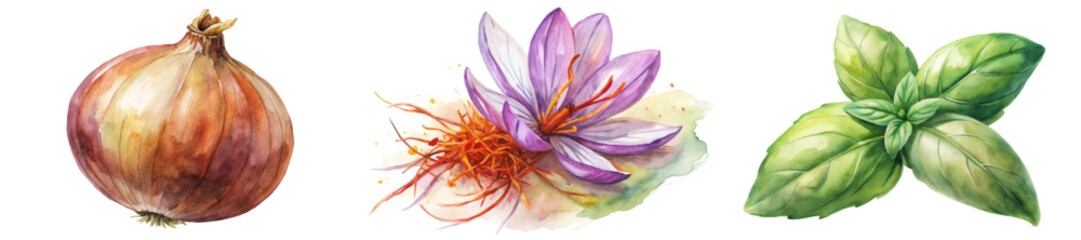 Fresh vegetables, vibrant colors, watercolor style, culinary herbs, natural ingredients, food illustration, organic produce.