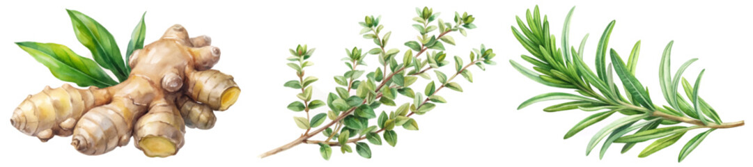 Fresh ginger root, aromatic thyme sprigs, vibrant rosemary leaves, botanical watercolor illustration, culinary herbs, natural ingredients.