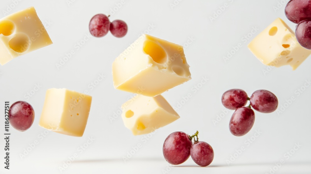 Aufkleber Cubes of delicious swiss cheese with holes and bunches of ripe red grapes are floating in the air against a clean white backdrop, creating a visually appealing and appetizing scene
