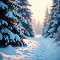 A serene snowy forest with delicate snowflakes, frost, serene, winter