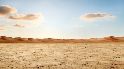 Fototapeta premium A desert landscape glows at sunset over barren terrain. Vast desert landscape under a clear blue sky.