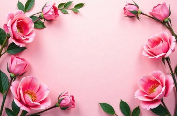 Pink roses and buds arrangement on a soft pink background