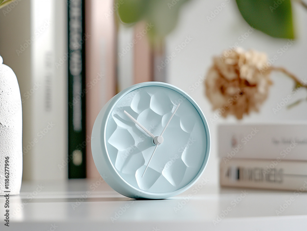 Poster modern blue clock with geometric design on a minimal desk