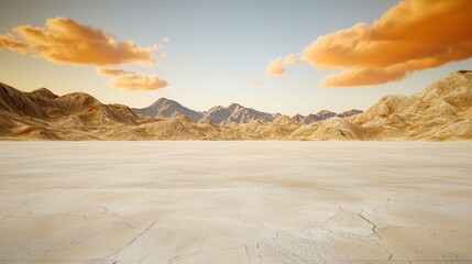 Naklejka premium A desert landscape glows at sunset over barren terrain. Vast desert landscape with mountains and orange clouds at sunset.