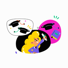 Female student holding diploma with graduation caps in flat vector illustration symbolizing academic success, celebration, and achievement, isolated on white background.