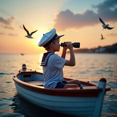 Obraz premium Young boy in sailor outfit enjoys summer day on boat. Looks through binoculars at sea. Sunset paints sky with warm colors. Child enjoys leisure time on water. Seagull birds fly near. Relaxed, happy