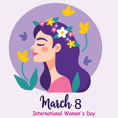 Colorful artwork of a woman adorned with flowers and celebrating International Women's Day on March 8. 