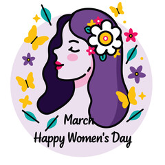 Lovely illustration celebrating Women's Day featuring a female silhouette adorned with flowers, surrounded by butterflies and decorative elements, 