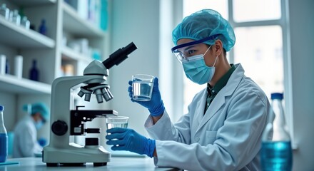 Asian scientist wearing lab coat safety gear examines water sample in glass cup under microscope. Water quality test in laboratory setting. Expert analyzes water purity. Microbiological control test