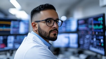 Professional Male Analyst in Front of Financial Data Monitors in Office