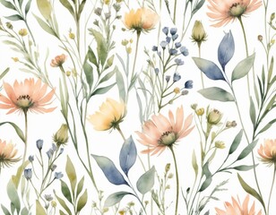 Obraz premium Watercolor Floral Seamless Pattern: Delicate Peach, Yellow & Blue Wildflowers