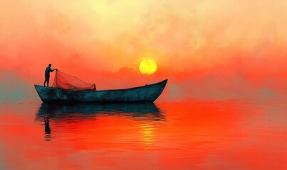 Obraz premium Silhouetted fisherman casts net at sunset.