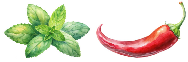 Fresh green mint leaves, vibrant red chili pepper, watercolor illustration, culinary herbs, natural ingredients, food art.