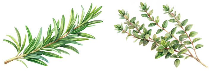 Fresh herb illustration, rosemary and thyme, botanical art, watercolor style, culinary use, natural elements.