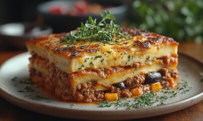 Delicious cheesy meat lasagna on plate.