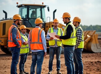 Construction workers discuss project plans outdoors. Group of men in safety vests, hard hats gather around site. Foreman explains project details to colleagues. Teamwork, communication key to
