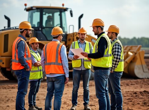 Construction workers discuss project plans outdoors. Group of men in safety vests, hard hats gather around site. Foreman explains project details to colleagues. Teamwork, communication key to