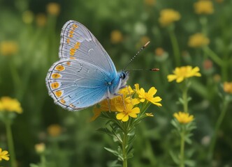 A delicate blue butterfly settles onto a patch of vibrant yellow clover, blue winged insect, yellow clover
