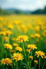 Obraz premium Bright yellow flowers blooming on a field of elecampane, wildflowers, elecampane