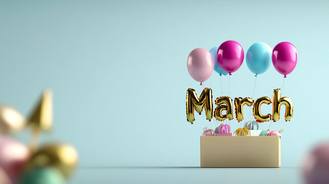 vibrant party scene featuring colorful balloons and festive March sign, perfect for celebrations. cheerful atmosphere is enhanced by pastel colors and playful decorations - Powered by Adobe
