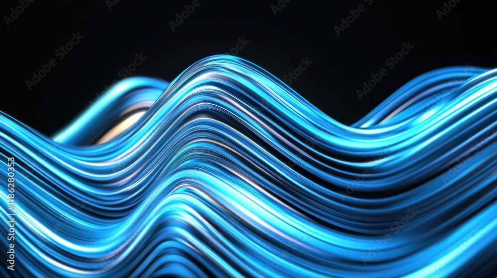 Poster an abstract display features undulating blue light waves, creating a dynamic visual effect that sugg