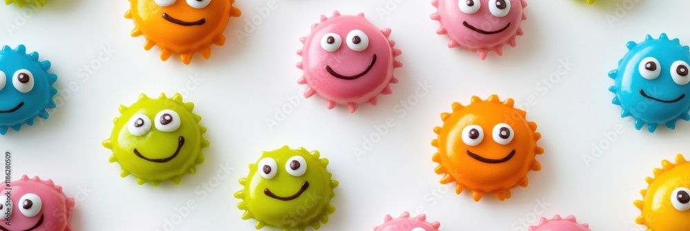 Poster cheerful and colorful microbes with smiling faces create a bright atmosphere in a playful arrangemen