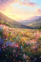 Vibrant wildflower meadow illuminated by golden hour light, showcasing soft pastel flowers and a vast open sky