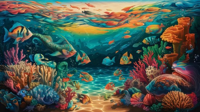 Vibrant Ocean Illustration with Shimmering Water Effects and Detailed Fish