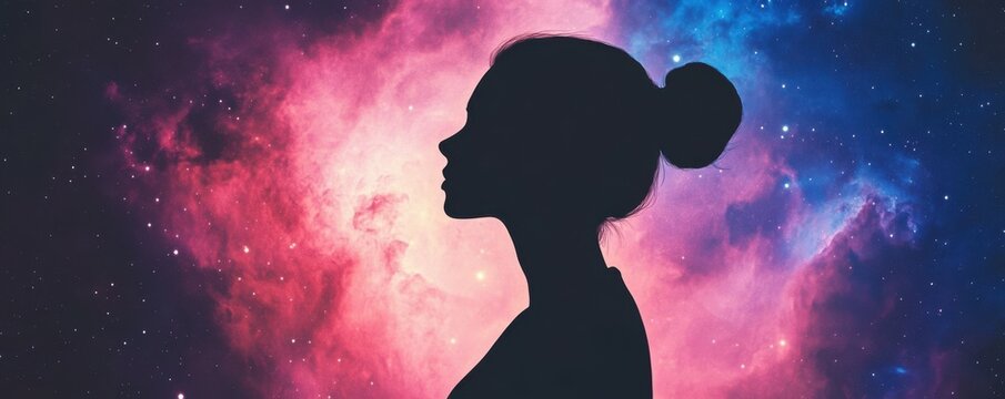 Cosmic silhouette, stars, galaxy, nebula, dream, universe, contemplation, space, woman, night sky, colorful background, imagination, beauty, inspiration, serenity, wonder, fantasy, astrological