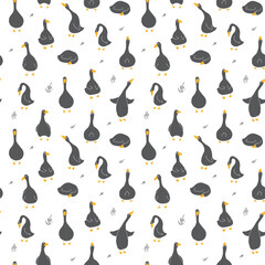 Goose Seamless Pattern. Cute Cartoon geese, Vector Illustration Background.