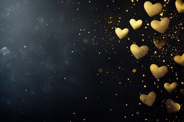 Glowing metallic gold hearts scatter across a bold matte black background with reflections and glitter particles for an upscale, modern aesthetic suitable for various uses