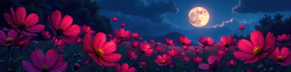 Cosmos flowers in shades of red and pink glowing softly under the full moon, night, evening blooms