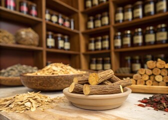 Fototapeta premium Authentic herbal medicine scene with astragalus and traditional remedies