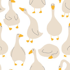 Goose Seamless Pattern. Cute Cartoon geese, Vector Illustration Background.