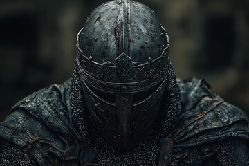 Dark armored knight in a weathered helmet poised for battle in an ancient ruins setting