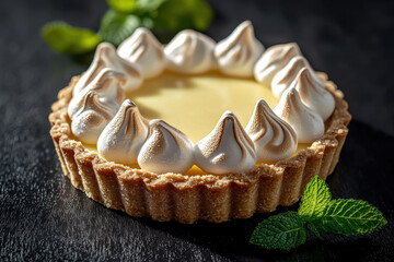 Lemon Tart with Meringue and Mint Leaves