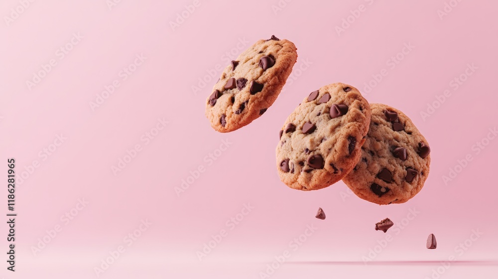 Poster three chocolate chip cookies are levitating on a pink background, with some chocolate chips falling 