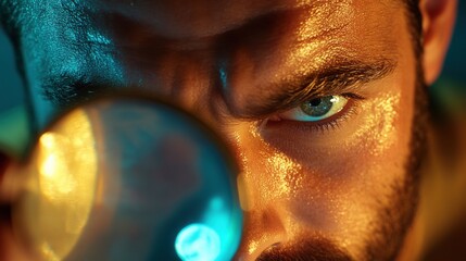 Focused individual studies intricate details with a magnifying glass, showcasing curiosity and analytical skills in illuminated surroundings
