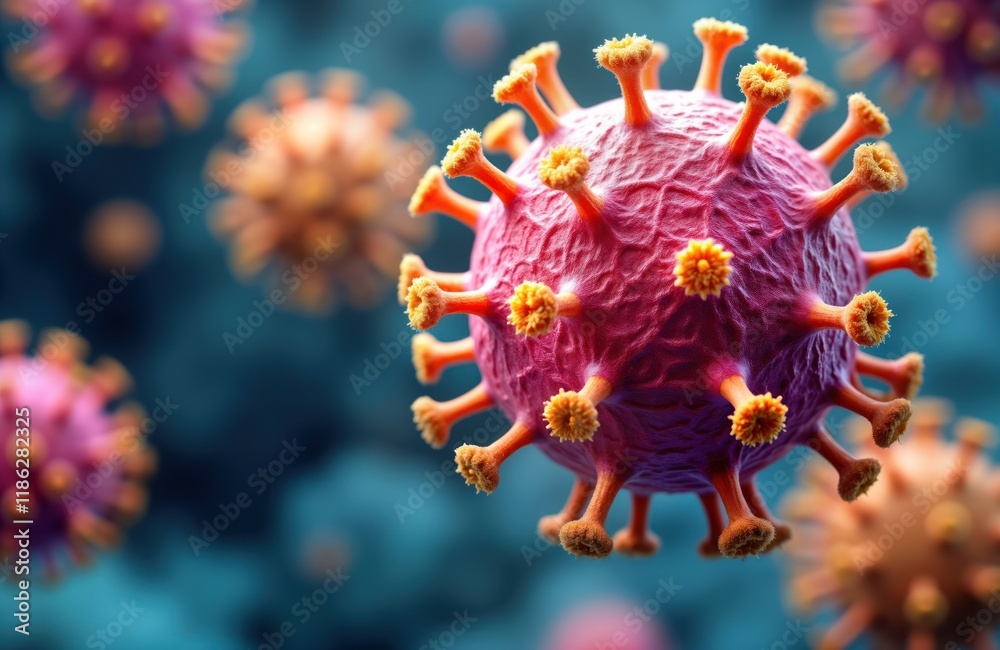 Poster Electron microscope image of virus particles. Closeup view of virus structure with spikes. Viruses float freely in space. Microbiology research, medical tech, pandemic, health crisis, germ concept,