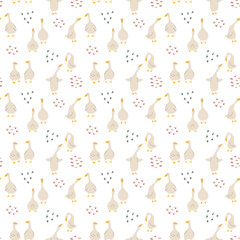 Goose Seamless Pattern. Cute Cartoon geese, Vector Illustration Background.