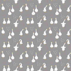 Goose Seamless Pattern. Cute Cartoon geese, Vector Illustration Background.
