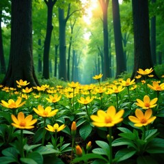 Fototapeta premium Dazzling yellow wildflowers bloom in the forest canopy, wildflower photography, blooming flowers, greenery