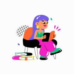 Girl reading a book in flat vector illustration symbolizing knowledge, learning, and relaxation, isolated on white background.