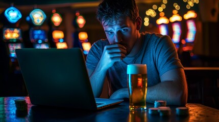 Fototapeta premium A man at a laptop with beer and poker chips, symbolizing online gambling addiction.