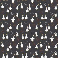 Goose Seamless Pattern. Cute Cartoon geese, Vector Illustration Background.