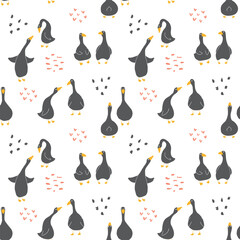 Goose Seamless Pattern. Cute Cartoon geese, Vector Illustration Background.
