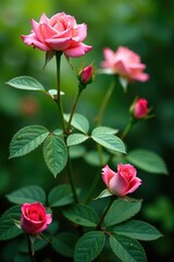 Fototapeta premium Delicate rose stems amidst lush green foliage with tiny water droplets, garden, petal