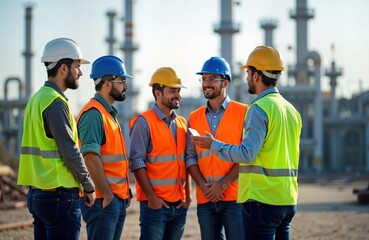 Group of diverse petroleum engineers discuss at oil refinery. Engineers wear safety vests, hard hats. In meeting brainstorm session. Discussion might relate to construction plans progress. Appear to