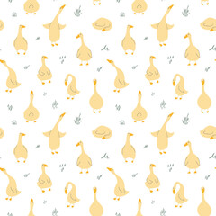 Goose Seamless Pattern. Cute Cartoon geese, Vector Illustration Background.