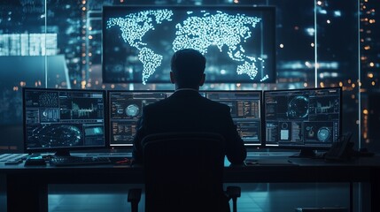 A person at a control center monitors global cybersecurity threats on multiple screens.